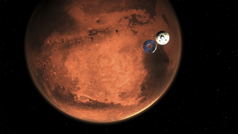 In this illustration made available by NASA, the Perseverance rover casts off its spacecraft&#039;s cruise stage, minutes before entering the Martian atmosphere.