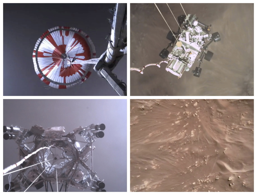 This combination of images from video shows steps in the descent of the Mars Perseverance rover as it approaches the surface of the planet on Thursday.