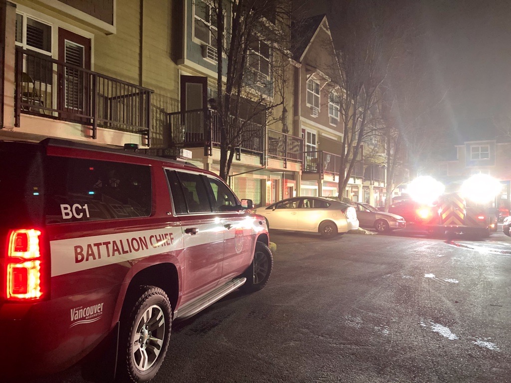 Fire in a wall between condo units displaced two families late Saturday night in Vancouver’s Columbia Way neighborhood. Vancouver Fire Department crews were called at 11:35 p.m. for a multiple residential structure fire at 778 S.E. Fairwinds Loop.