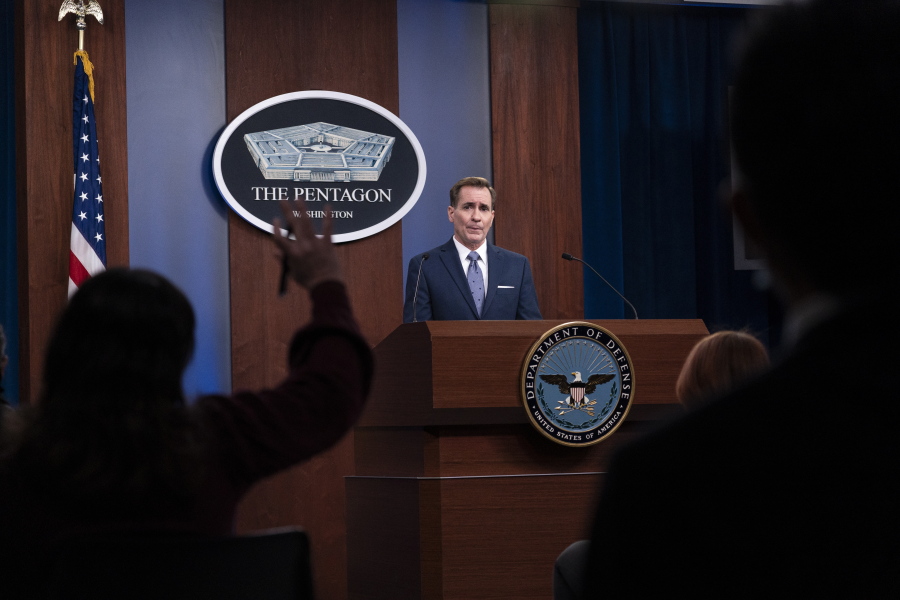 FILE - In this Feb. 17, 2021, file photo, Pentagon spokesman John Kirby speaks during a media briefing at the Pentagon in Washington. A U.S. airstrike targeting facilities used by Iran-backed militias in Syria appears to be a message to Tehran delivered by a new American administration still figuring out its approach to the Middle East. Kirby said the operation in Boukamal, Syria, sends an unambiguous message: &quot;President Biden will act to protect American and coalition personnel.