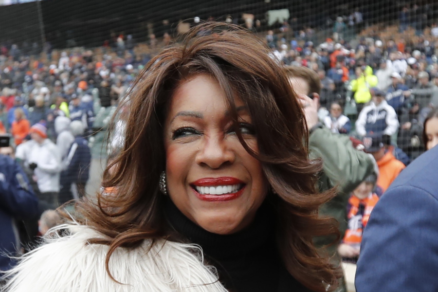 FILE - In this April 4, 2019, file photo, Mary Wilson, a former member of The Supremes, is escorted after singing the national anthem before a baseball game between the Detroit Tigers and the Kansas City Royals in Detroit. Wilson died in Las Vegas, publicist Jay Schwartz told KABC-TV. When she died and other details weren&#039;t immediately clear. She was 76.