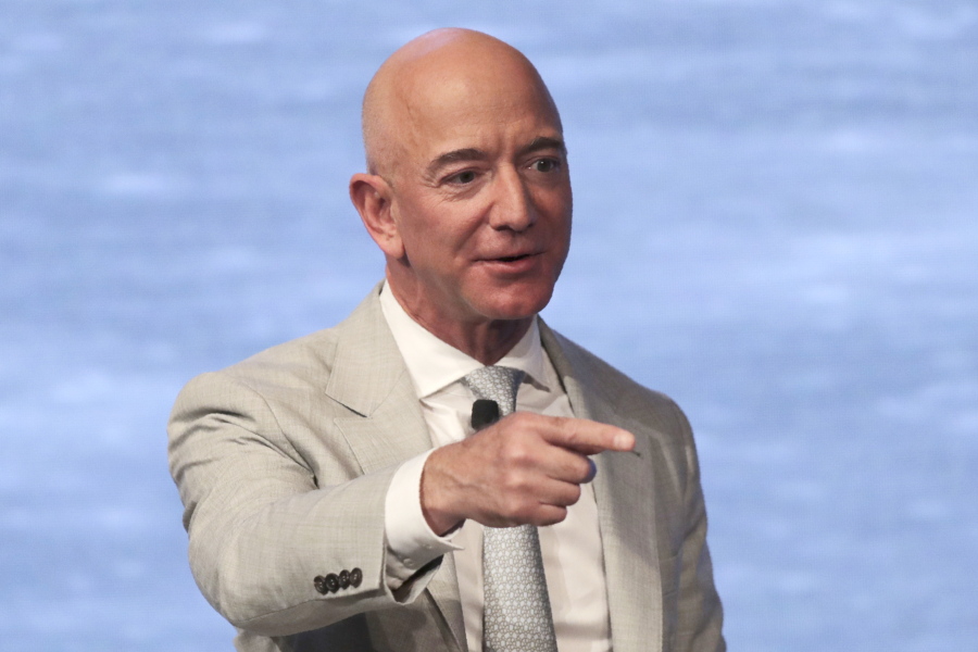 FILE - In this June 19, 2019, file photo, Amazon founder Jeff Bezos speaks during the JFK Space Summit at the John F. Kennedy Presidential Library in Boston. Bezos is one of the 50 Americans who gave the most to charity in 2020, according to the Chronicle of Philanthropy&#039;s annual rankings.