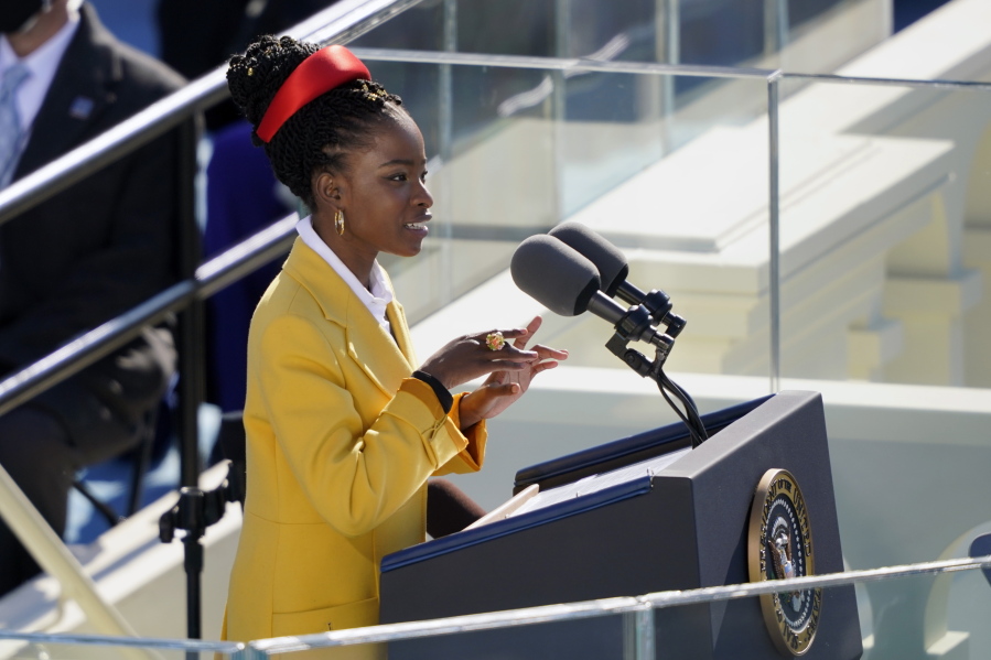 American poet Amanda Gorman reads a poem during the 59th Presidential Inauguration on Jan. 20 at the U.S. Capitol in Washington.