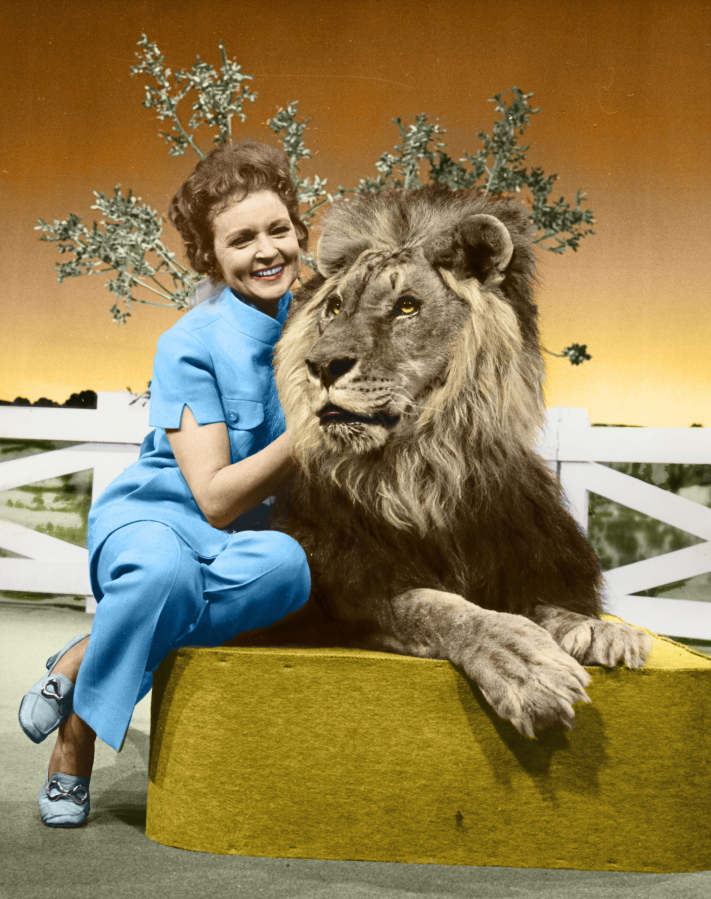 Actress and animal activist Betty White with a lion from her 1970s series &quot;The Pet Set.&quot;