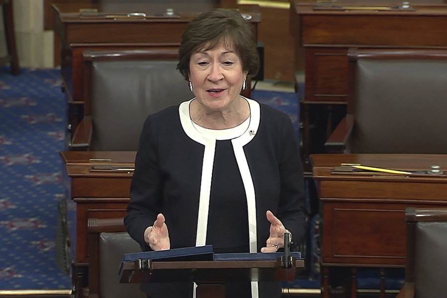 In this image from video, Sen. Susan Collins, R-Maine, speaks after the Senate acquitted former President Donald Trump in his second impeachment trial in the Senate at the U.S. Capitol in Washington, Saturday, Feb. 13, 2021. Trump was accused of inciting the Jan. 6 attack on the U.S. Capitol, and the acquittal gives him a historic second victory in the court of impeachment.