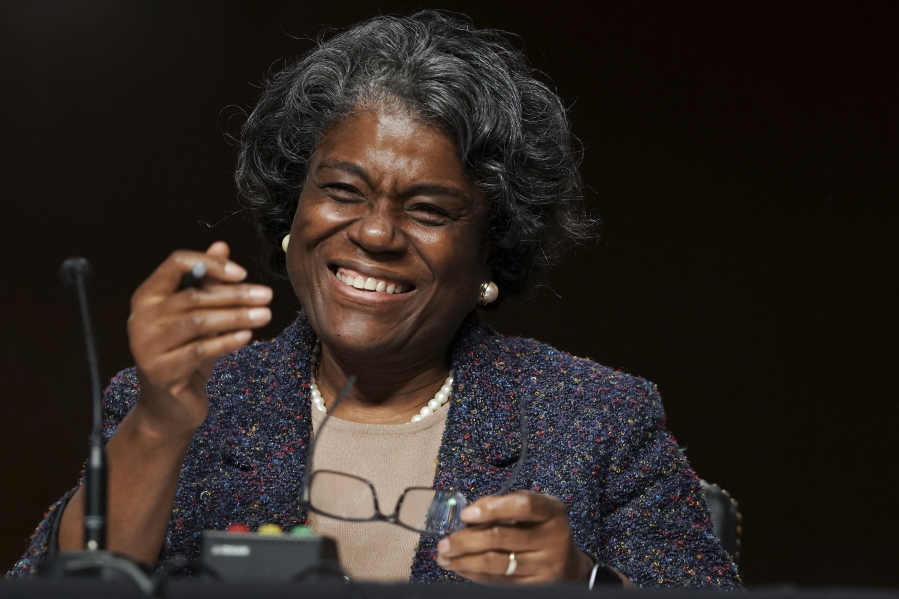 United States Ambassador to the United Nations nominee Linda Thomas-Greenfield smiles as she testifies during for her confirmation hearing before the Senate Foreign Relations Committee on Capitol Hill, Wednesday, Jan. 27, 2021, in Washington.
