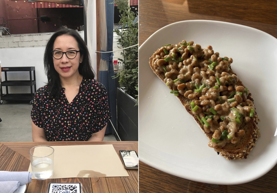 This combination of photos shows Anne Alderete at a restaurant on Aug. 12, 2020, left, and a dish of natto and chives on gluten free sourdough bread. Whether it&#039;s kimchi, beets or broccoli, the pandemic has had a strange impact on food cravings. Alderete is enjoying something she never thought she would: natto. Made of fermented soy beans, natto is popular in Japan but considered too slimy and stinky for some. (J. Alderete, left, and A.