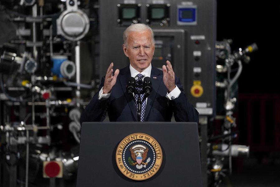 FILE - In this Feb. 19, 2021, file photo President Joe Biden speaks after a tour of a Pfizer manufacturing site in Portage, Mich.