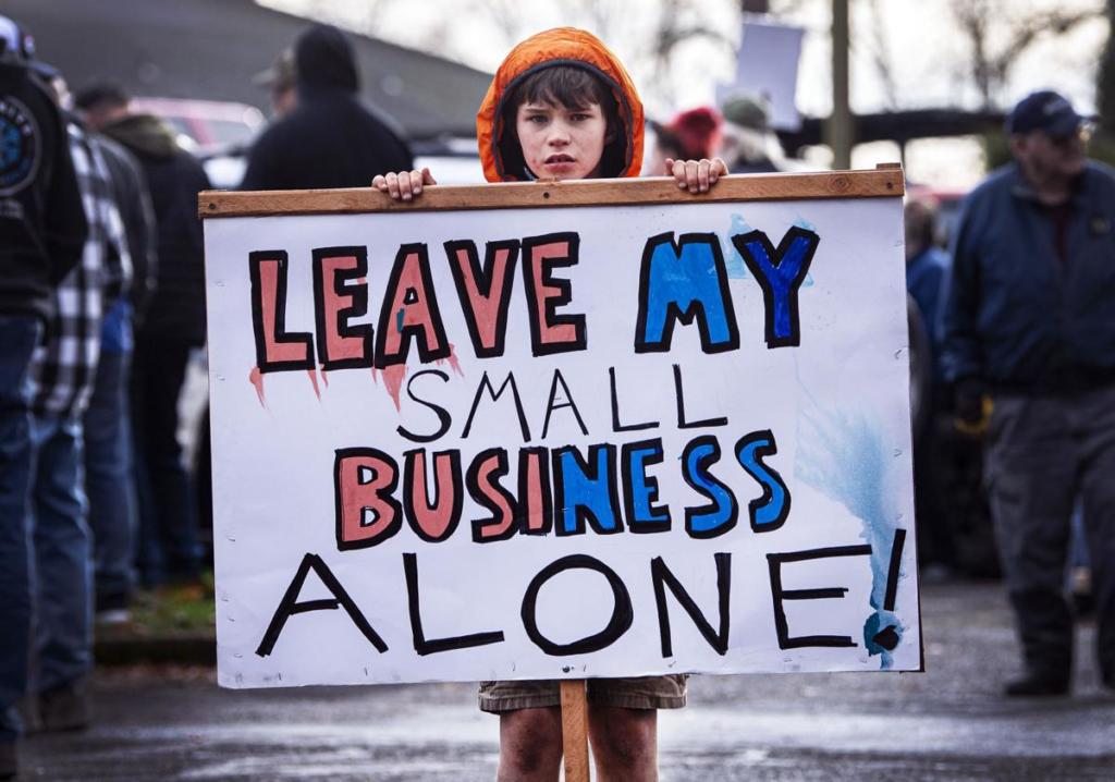 A young protester holds a sign reading "Leave my small business alone!" during the "Stand with Stuffy's" rally at the Hall of Justice in Kelso in January. A similar rally was held on Feb. 4 as well.