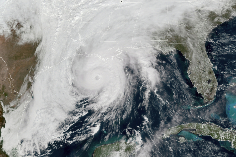 This satellite image shows Hurricane Zeta approaching Louisiana on Oct. 28 in the Gulf of Mexico.