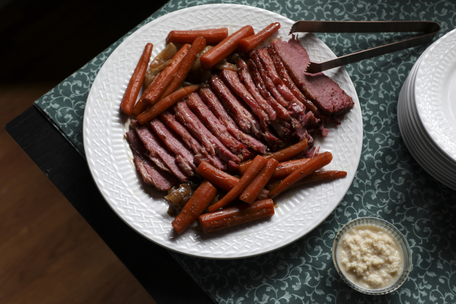 Baked corned beef with caramelized onions and carrots, prepared by Shannon Kinsella.