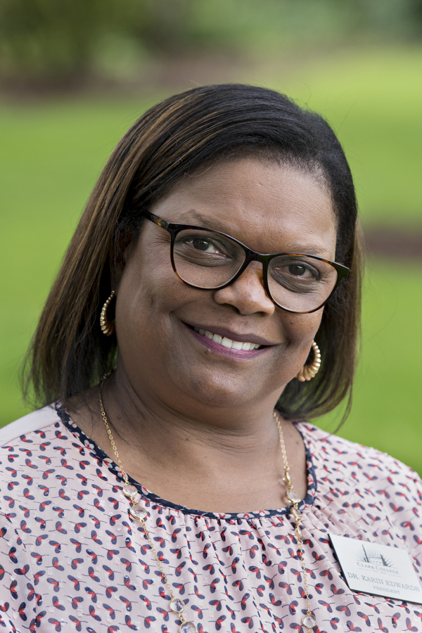 Karin Edwards,  president of Clark College who has a background supporting students of color, is pictured on campus Tuesday afternoon, July 7, 2020.