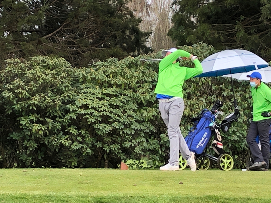 Graham Moody of Mountain View tees off at the par-3 fourth hole at Club Green Meadows on Thursday. Moody won his third 3A boys golf district title.