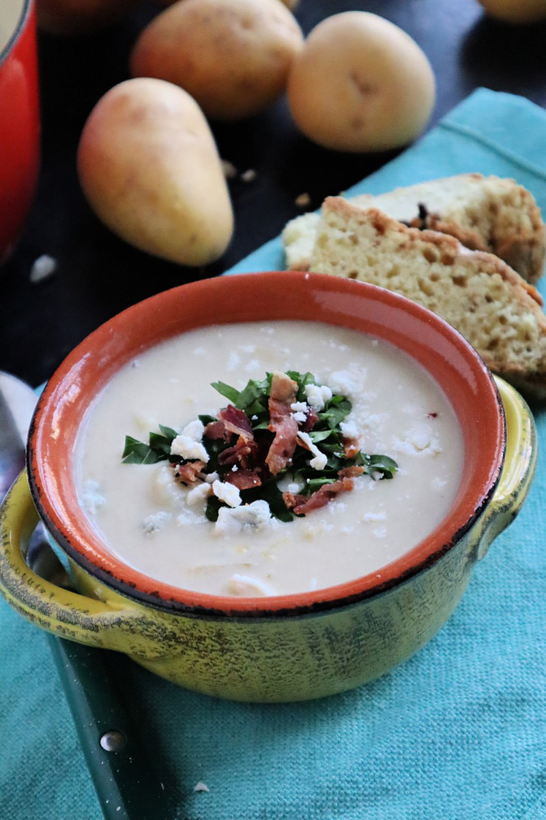 Potato Soup made with shredded cheddar and Irish Red ale is perfect for any day you want something sumptuous.