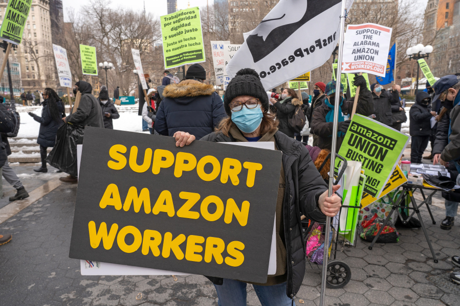 Activists in New York City came out to show their support on Feb. 27, 2021, for the approximately 6,000 Amazon warehouse workers in Bessemer, Alabama, who are voting by mail on whether to be represented by the Retail, Wholesale Department Store Workers Union (RWDSU). The move would make them the first union at an Amazon facility in the country.