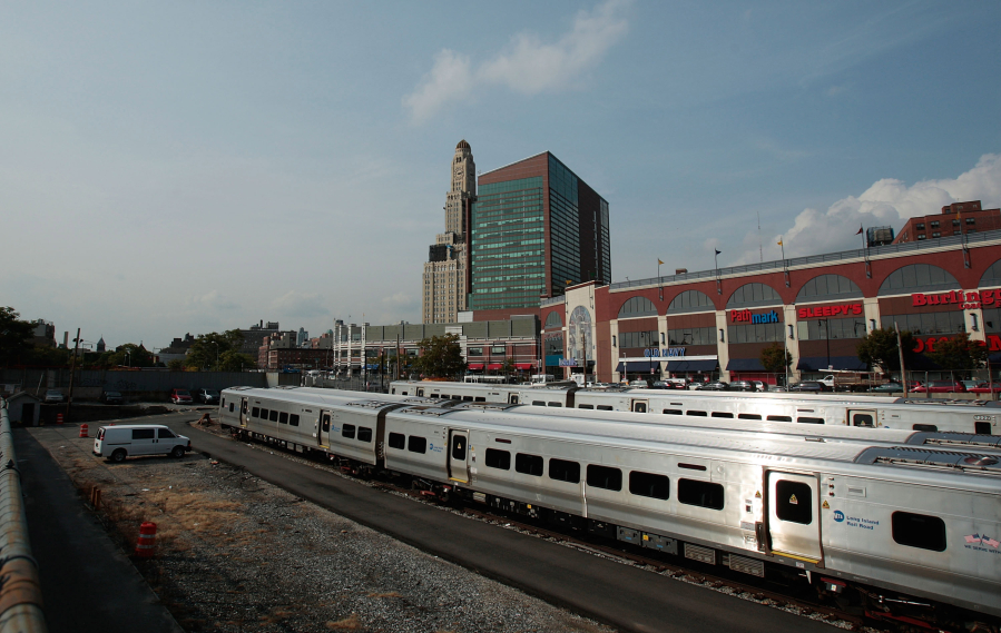 In a file image, an MTA train is parked in a New York rail yard in Brooklyn. With an influx of federal rescue money, the Metropolitan Transit Authority can now restart shelved construction projects.