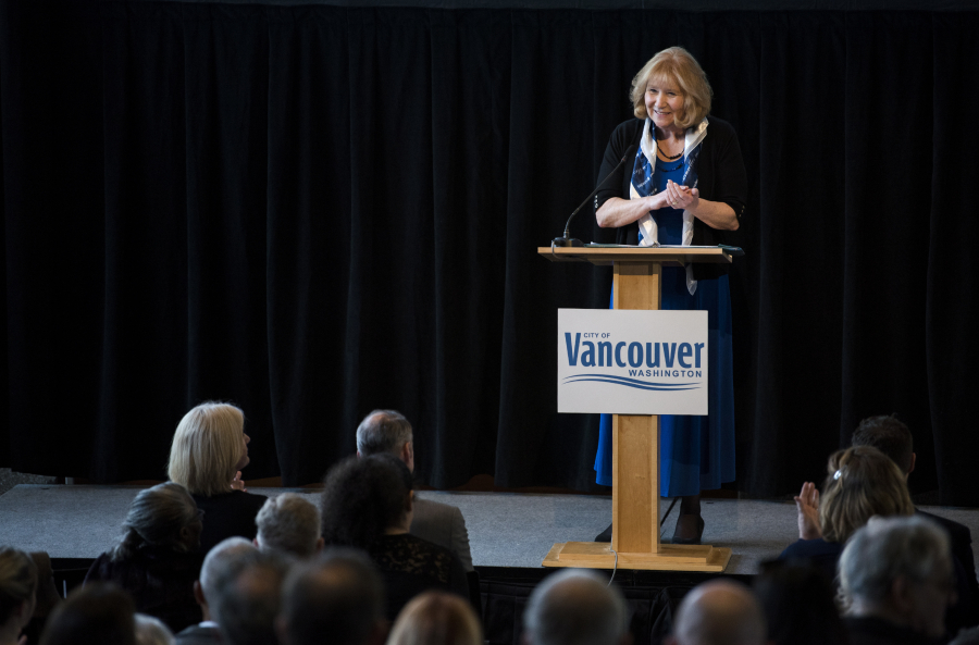 Mayor Anne McEnerny-Ogle thanks her fellow council members as she begins her second State of the City address at City Hall in Vancouver in 2019. This year's State of the City address was delivered online Monday evening.