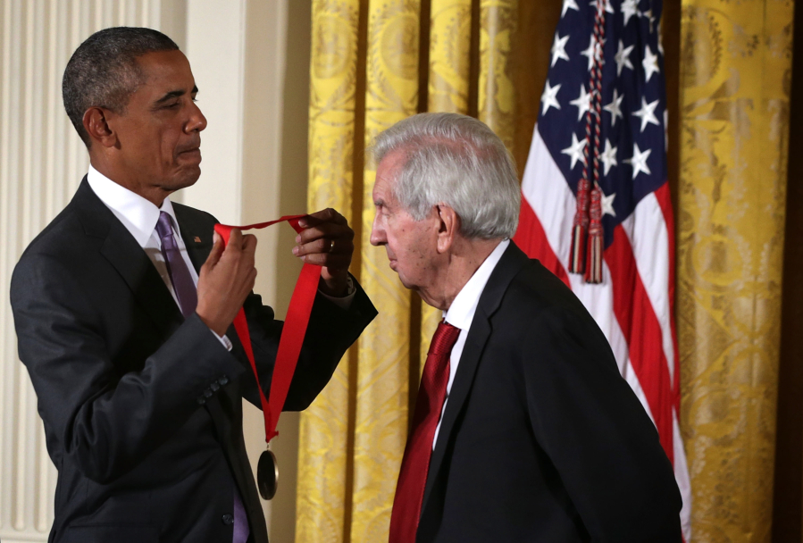 U.S. President Barack Obama presents the 2014 National Humanities Medal to Larry McMurtry during an East Room ceremony at the White House on Sept. 10, 2015, in Washington, D.C. Larry McMurtry was honored for his books, essays and screenplays.