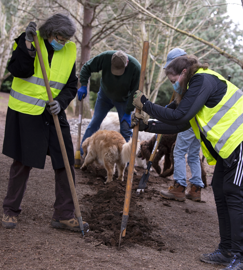 Volunteer Mary Carling, left, and former DOGPAW president Eileen Cervantes help dig a trench on Saturday at Ike Memorial Dog Park in Vancouver. DOGPAW held its volunteer cleanup Saturday, as more than a dozen volunteers dug a trench to help filter water away from some of the muddier spots of the park.