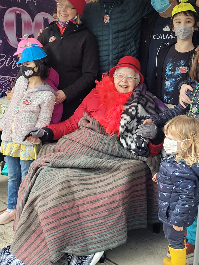 HAZEL DELL: Irma Slocum celebrates with some of her great-grandchildren at her drive-thru 100th birthday.