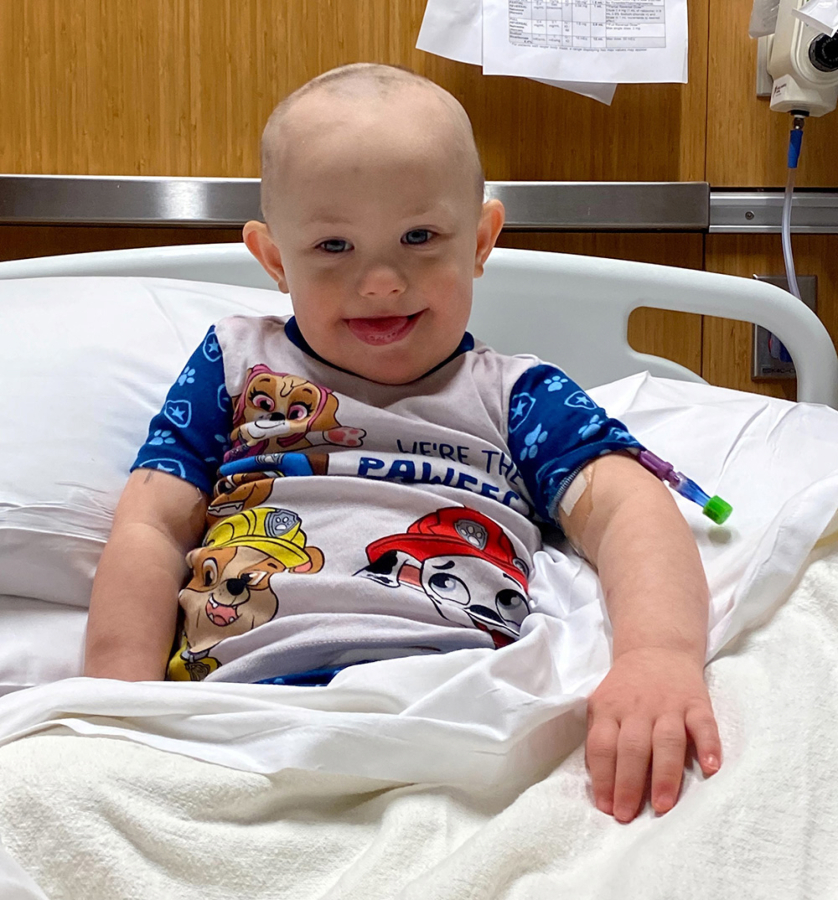 Braxton Manring, 2, smiles while in the hospital for treatment of a blood disorder similar to leukemia.