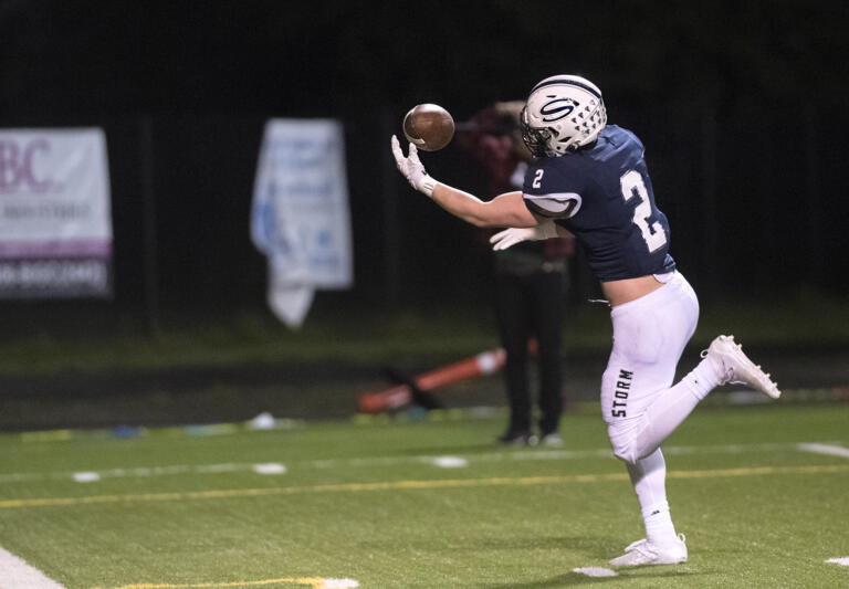 Skyview’s Rhett Sarvela hauls in a 30-yard touchdown pass one-handed in a 4A/3A Greater St. Helens League game on Thursday, March 18, 2021, at Kiggins Bowl. Skyview won 49-7.