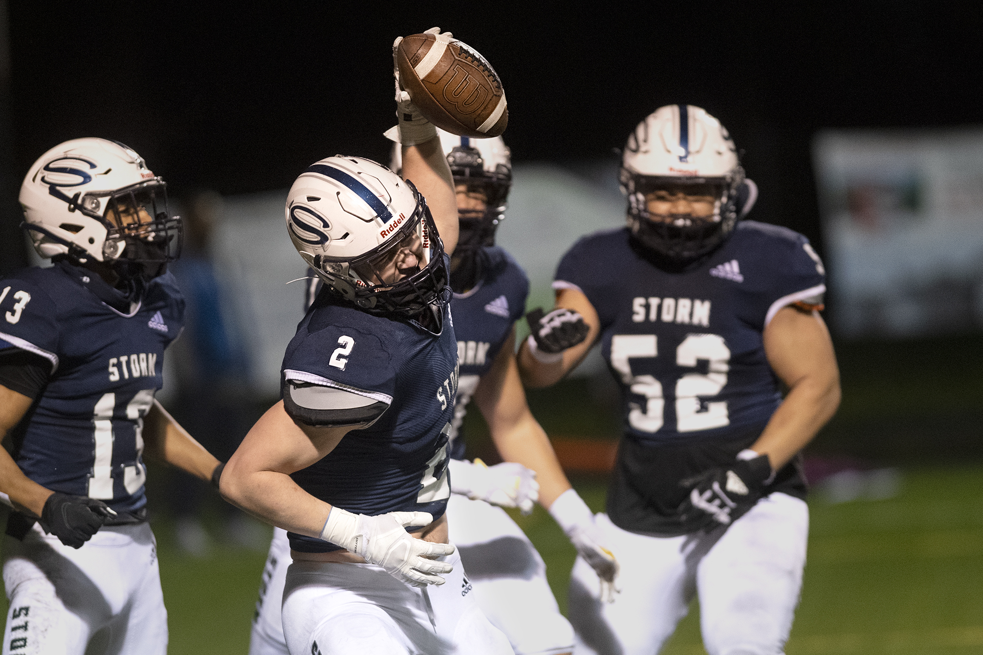 Skyview’s Rhett Sarvala spikes the ball after a one-handed 30-yard touchdown catch in a 4A/3A Greater St. Helens League game on Thursday, March 18, 2021, at Kiggins Bowl. Skyview won 49-7.