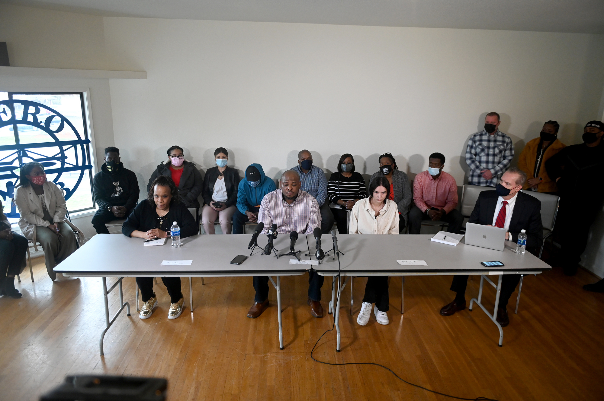 Family and friends of Kevin Peterson, Jr. assemble at the Aero Club Banquet Room in Vancouver for a press conference on Thursday morning, March 18, 2021.