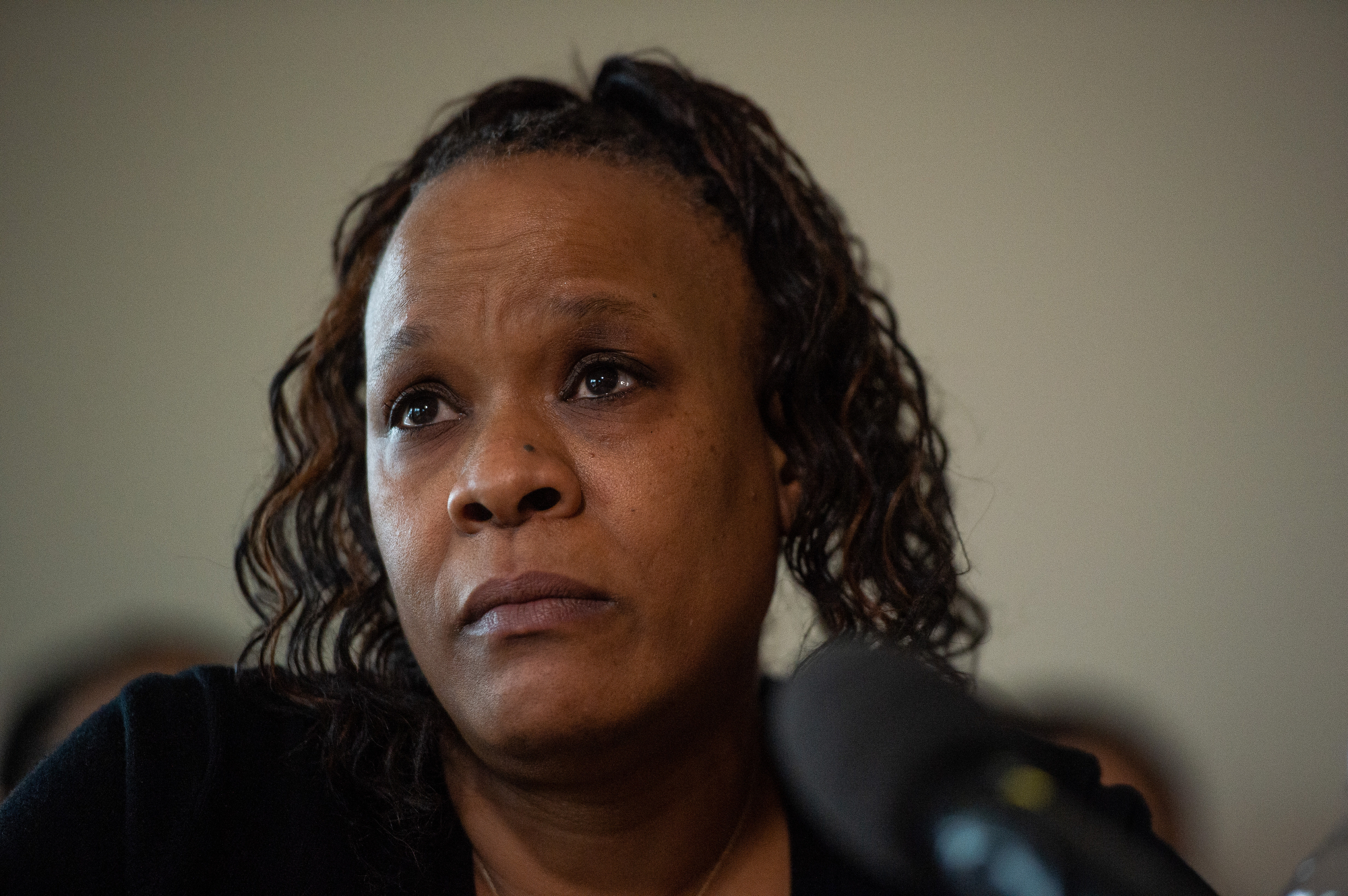 Tammi Bell answers questions about the killing of her son, Kevin Peterson, Jr., by police in Clark County, during a press conference at the Aero Club Banquet Room in Vancouver on Thursday morning, March 18, 2021.