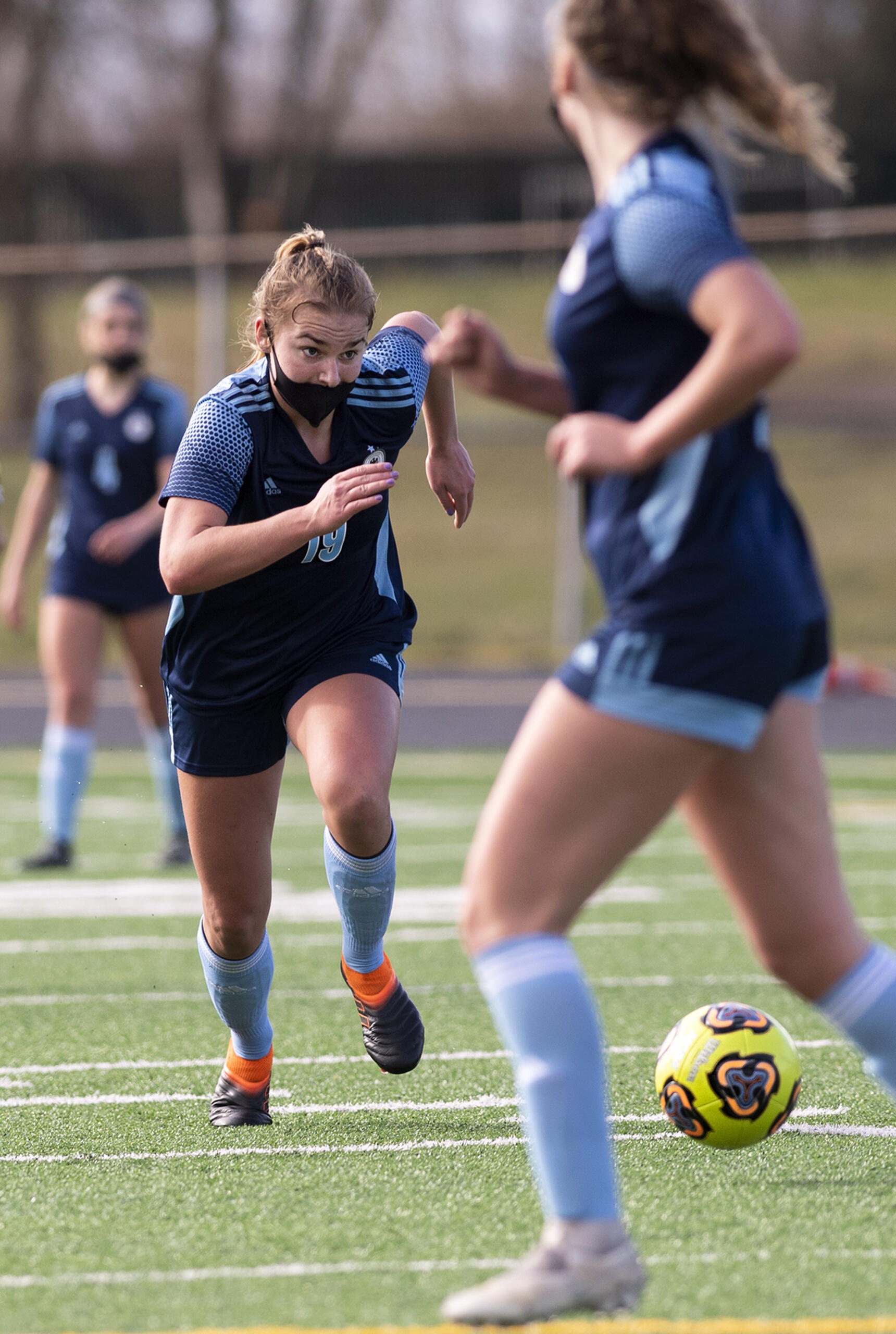 Hockinson’s Payton Lawson sprints toward the ball in the 2A Southwest District Championship on Saturday, March 20, 2021, at District Stadium in Battle Ground. Hockinson won 2-0 to complete a perfect 11-0 season.