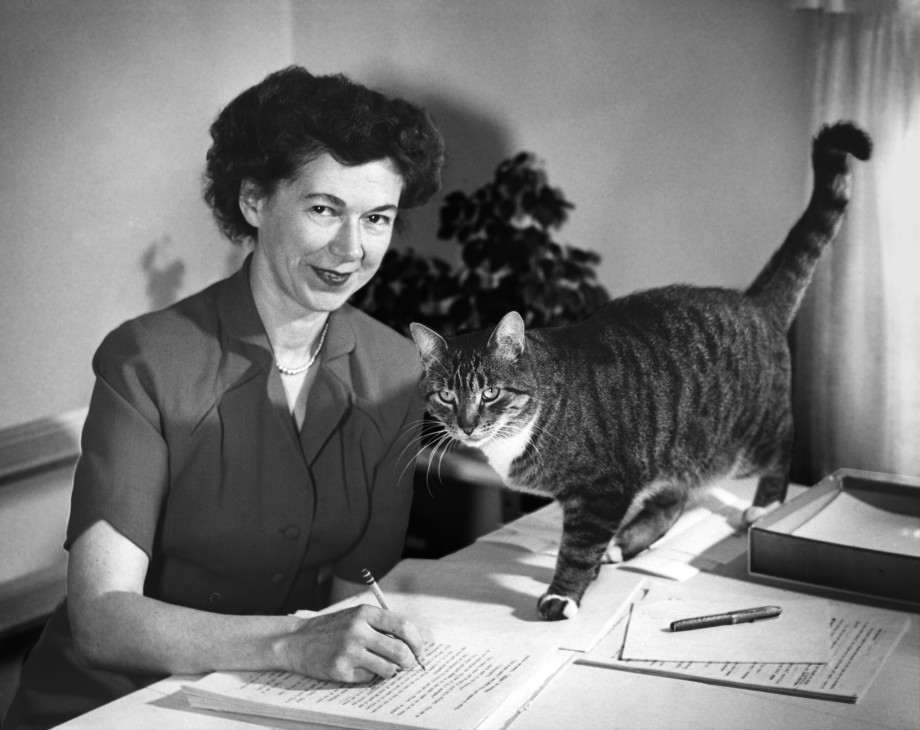 Beverly Cleary in 1955 with her cat Kitty.