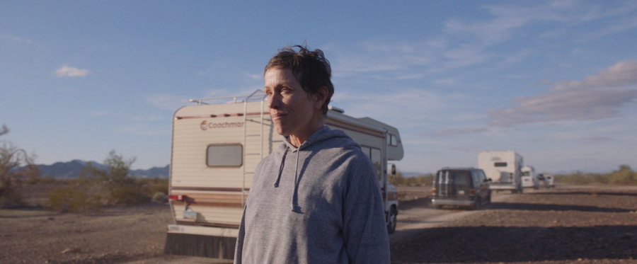 This image released by Searchlight Pictures shows Frances McDormand in a scene from the film &quot;Nomadland.&quot; Chloe Zhao&#039;s film received seven British Film Academy Awards nominations on Tuesday.