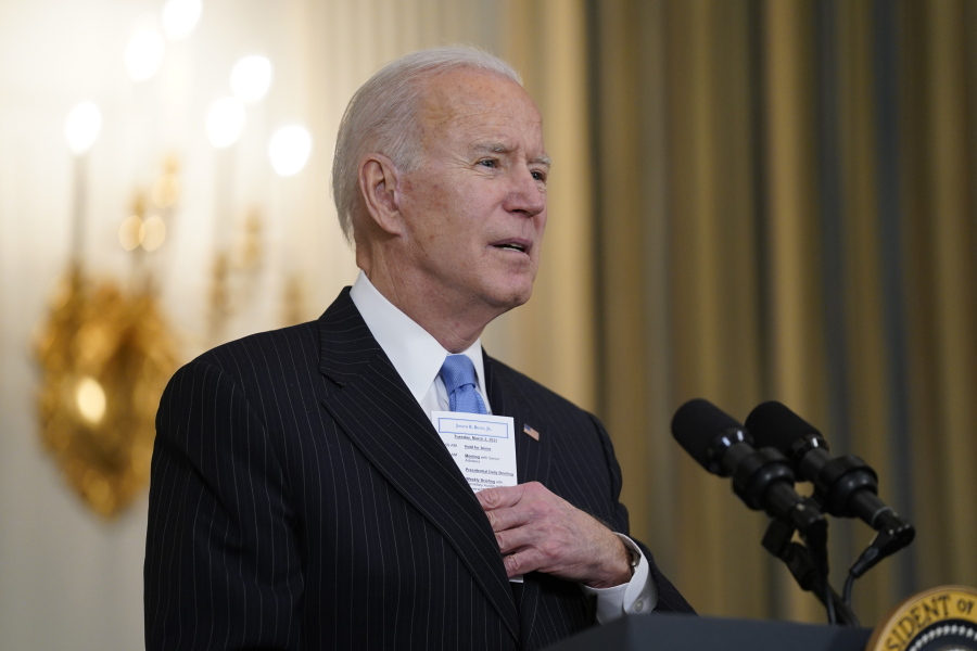 President Joe Biden speaks about efforts to combat COVID-19, in the State Dining Room of the White House, Tuesday, March 2, 2021, in Washington.