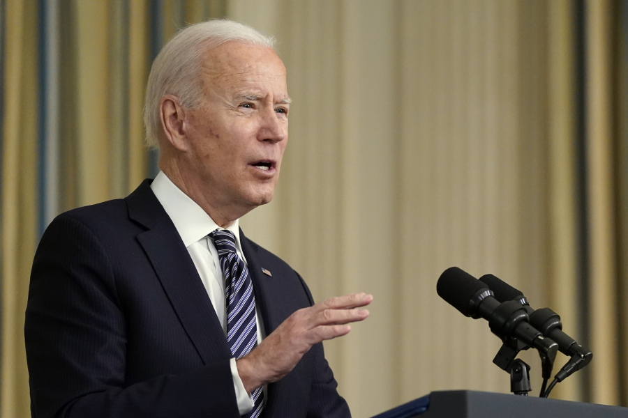 President Joe Biden speaks about the COVID-19 relief package in the State Dining Room of the White House, Monday, March 15, 2021, in Washington.