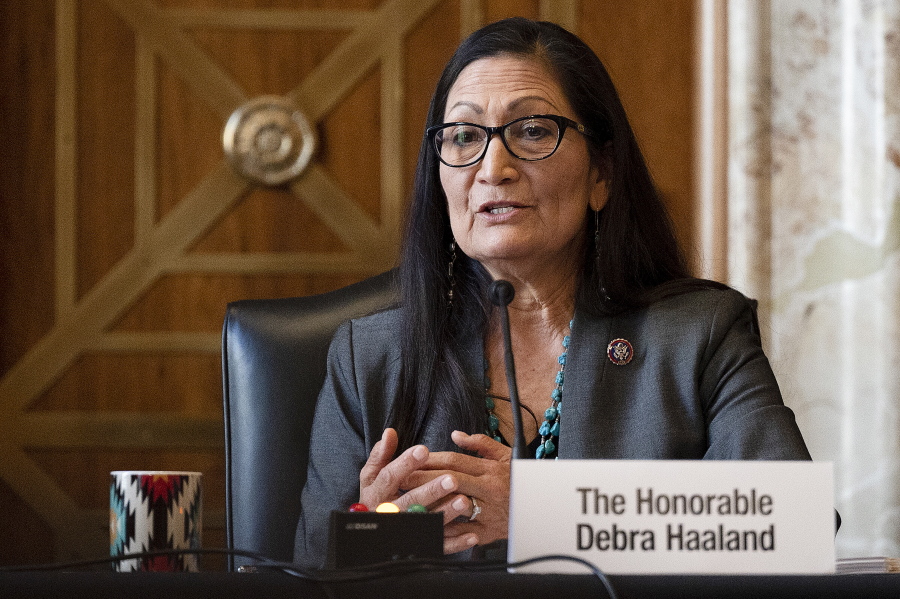 FILE - In this Feb. 23, 2021, file photo Interior Secretary nominee Rep. Deb Haaland, D-N.M., speaks during her confirmation hearing on Capitol Hill in Washington. On March 15, the Senate confirmed her as Interior Secretary.