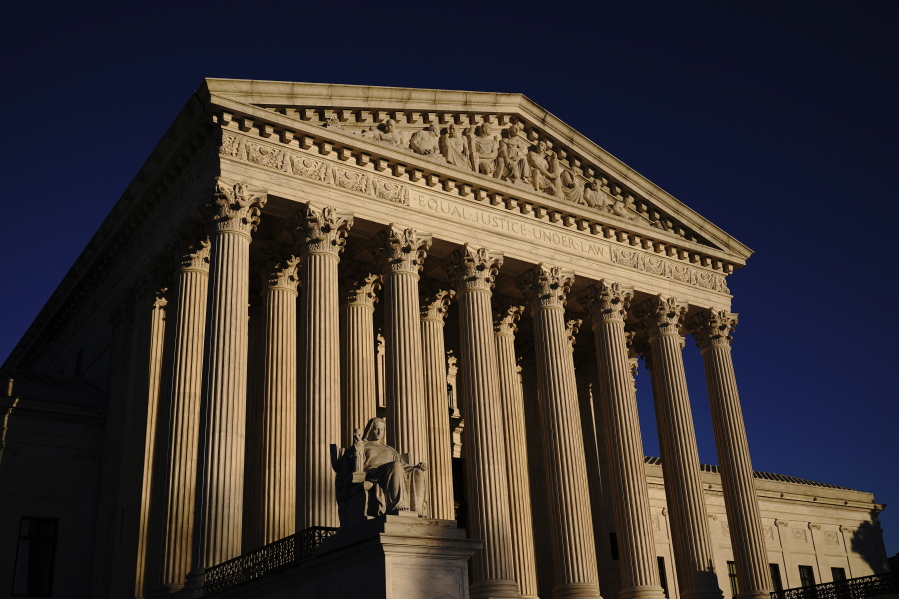 FILE - In this Nov. 2, 2020, file photo the Supreme Court is seen at sundown in Washington. President Joe Biden has two seats to fill on the influential appeals court in the nation&#039;s capital that regularly feeds judges to the Supreme Court. (AP Photo/J.