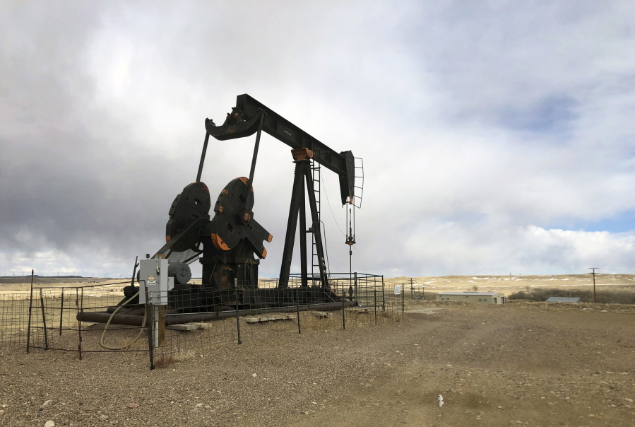 An oil well is seen east of Casper, Wyo., on Feb. 26, 2021. President Joe Biden&#039;s administration is at odds with the petroleum industry in the Rocky Mountain region and beyond for imposing a moratorium on leasing federal lands for oil and gas production.