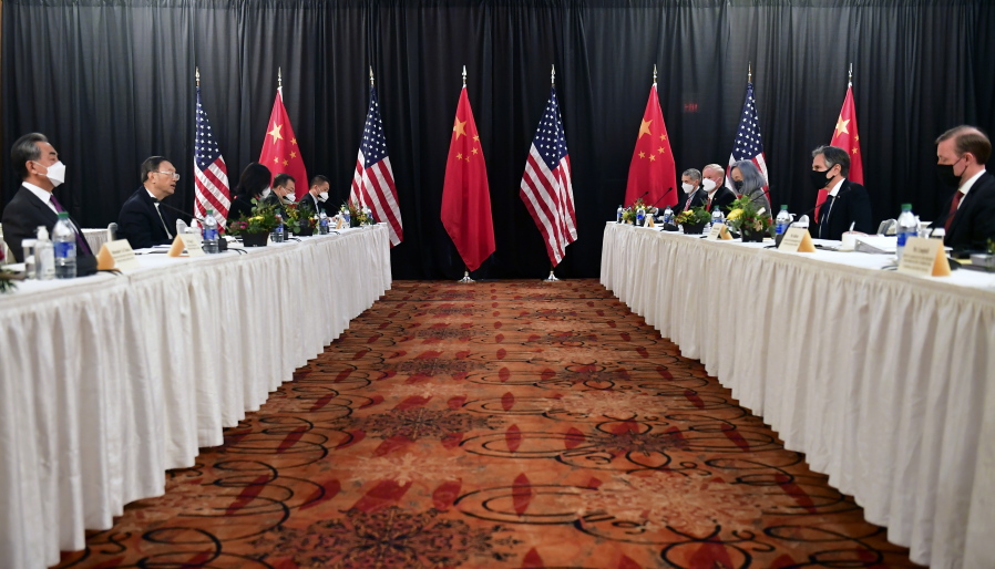 FIEL - In this March 18, 2021, file photo, Secretary of State Antony Blinken, second from right, joined by national security adviser Jake Sullivan, right, speaks while facing Chinese Communist Party foreign affairs chief Yang Jiechi, second from left, and China&#039;s State Councilor Wang Yi, left, at the opening session of U.S.-China talks at the Captain Cook Hotel in Anchorage, Alaska. China said Friday, March 19, 2021, a &quot;strong smell of gunpowder and drama&quot; resulted from talks with top American diplomats in Alaska, continuing the contentious tone of the first face-to-face meetings under the Biden administration. (Frederic J.
