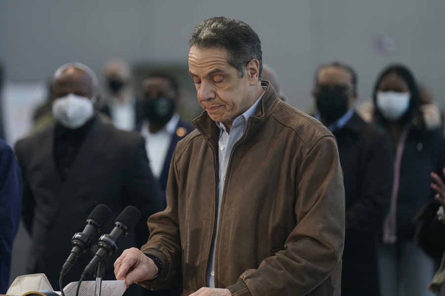 New York Gov. Andrew Cuomo speaks at a vaccination site on Monday, March 8, 2021, in New York. A lawyer for Gov. Andrew Cuomo said Thursday that she reported a groping allegation made against him to local police after the woman involved declined to press charges herself.
