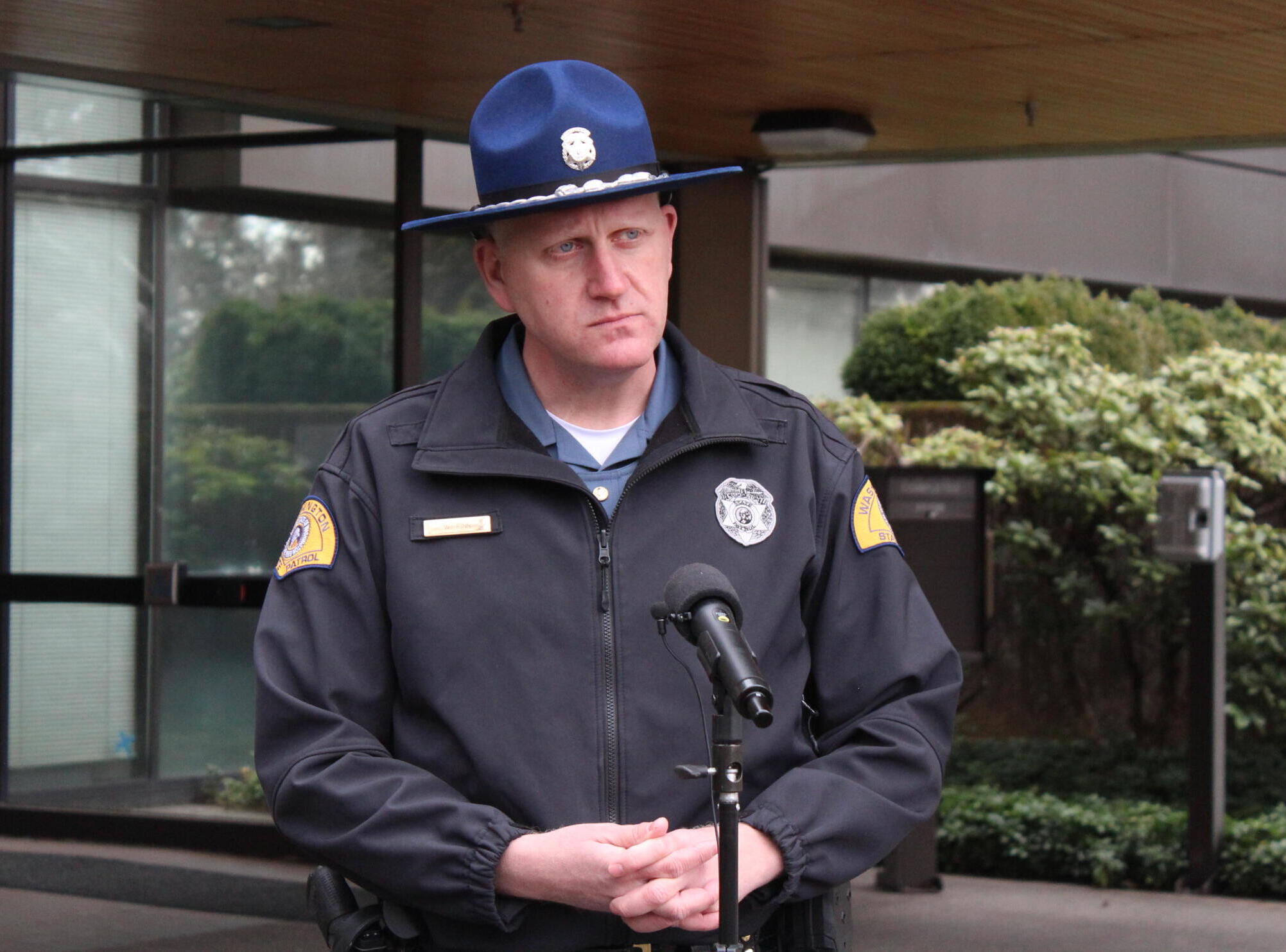 Washington State Patrol Trooper Will Finn provided an update Tuesday, at agency’s headquarters in Vancouver, on an incident involving a 45-year-old Yacolt woman who jumped out of a Clark County sheriff’s deputy’s vehicle as it traveled southbound on Interstate 5 near Ridgefield. The woman, Sara Gottwig-Carr, is in critical condition at PeaceHealth Southwest Medical Center.
