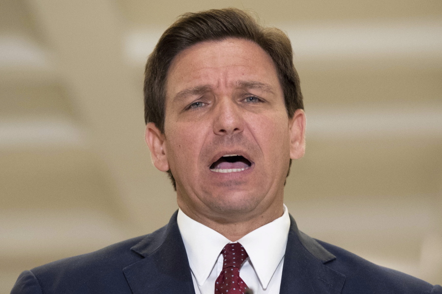 Florida Gov. Ron DeSantis speaks to the press after giving his State of the State speech on the first day of the 2021 Legislative Session in Tallahassee, Fla. Tuesday, March 2, 2021.
