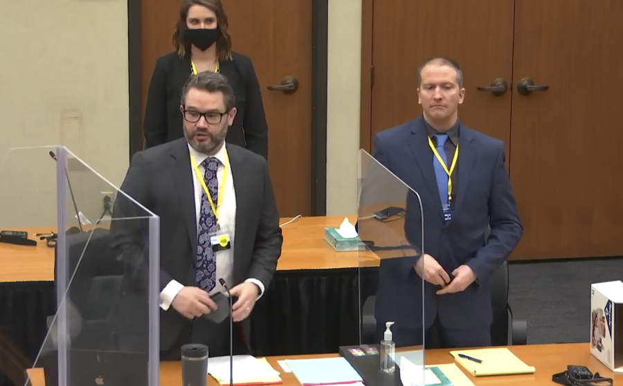 In this image taken from video, defense attorney Eric Nelson, left, and defendant former Minneapolis police officer Derek Chauvin, right, and Nelson&#039;s assistant Amy Voss, back, introduce themselves to potential jurors as Hennepin County Judge Peter Cahill presides, prior to continuing jury selection, Monday, March 15, 2021, in the trial of Chauvin, at the Hennepin County Courthouse in Minneapolis, Minn. Chauvin is charged in the May 25, 2020, death of George Floyd.