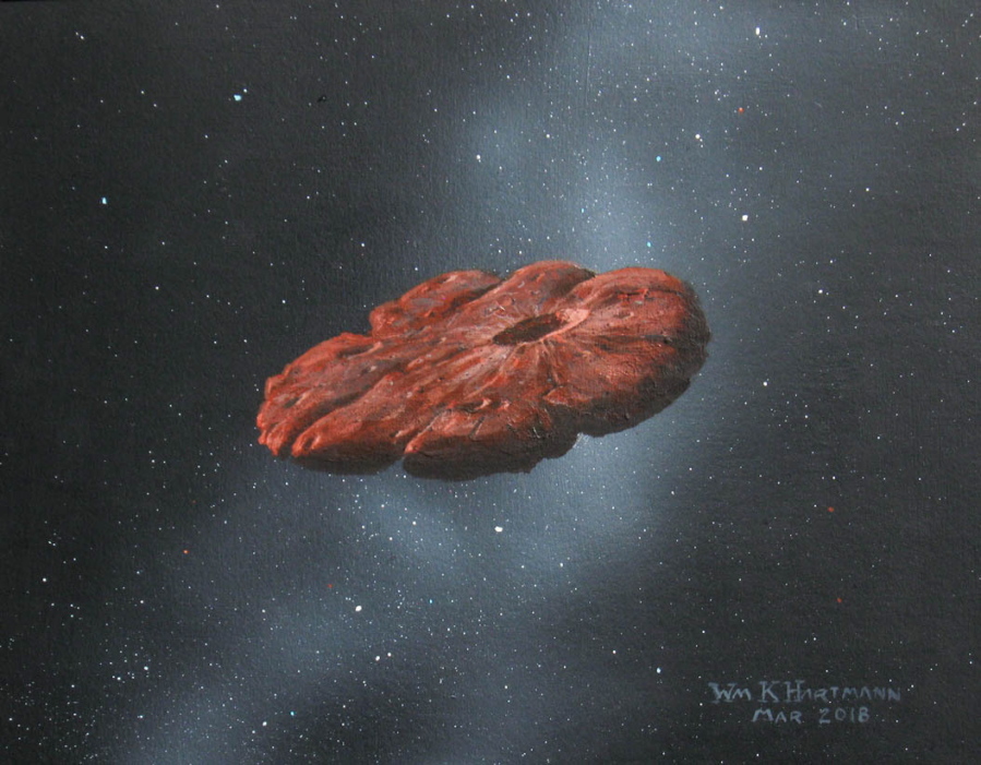 This 2018 illustration shows a depiction of the Oumuamua interstellar object as a pancake-shaped disk.