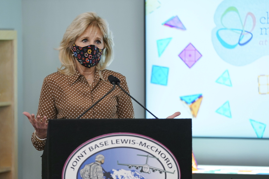 First lady Jill Biden speaks during a tour of the new children&#039;s museum at Joint Base Lewis-McChord, Tuesday, March 9, 2021, in Washington state. Biden also visited with military families during her visit. (AP Photo/Ted S.