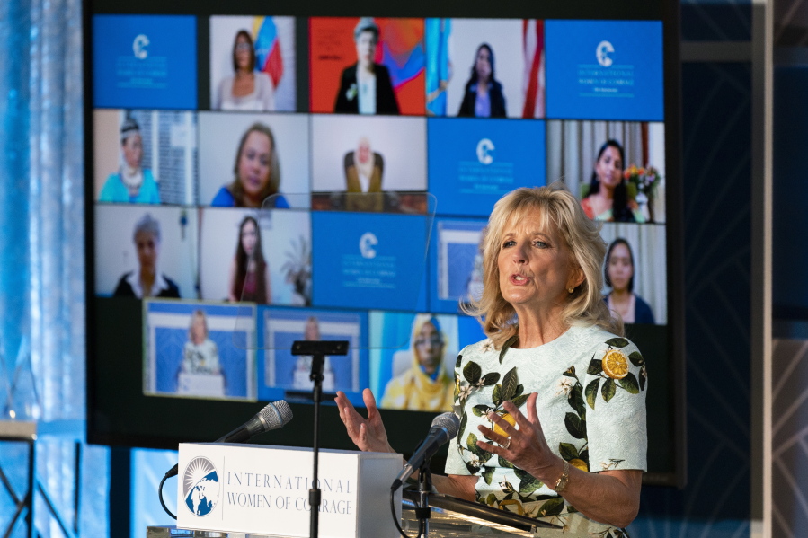 First lady Jill Biden speaks at the 2021 International Women of Courage (IWOC) Award virtual ceremony hosted by Secretary of State Antony Blinken at the State Department in Washington, Monday, March 8, 2021.