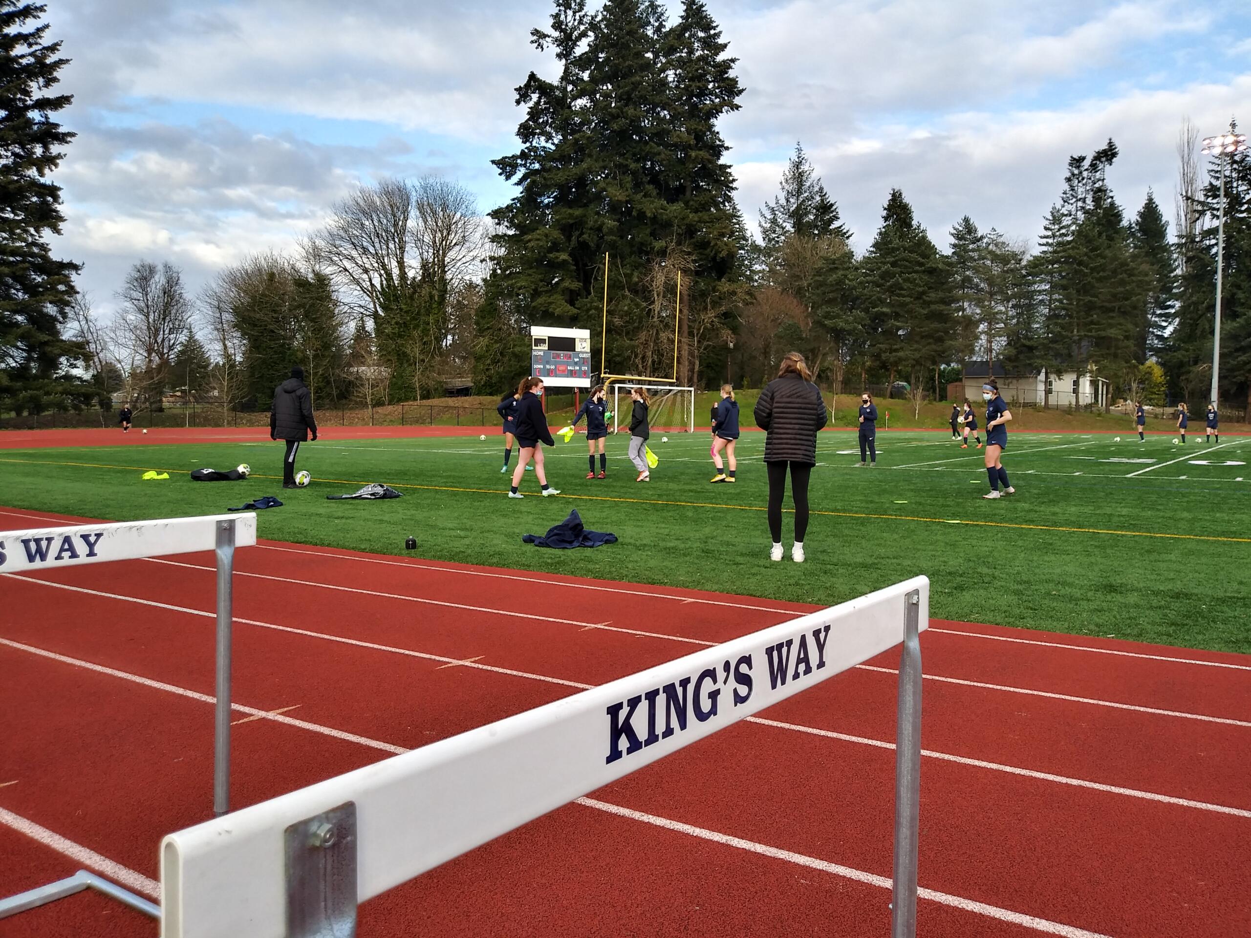 The King's Way Christian girls soccer team warms up prior to their 1A district soccer playoff match against Hoquiam on Monday, March 15, 2021 (Tim Martinez/The Columbian)