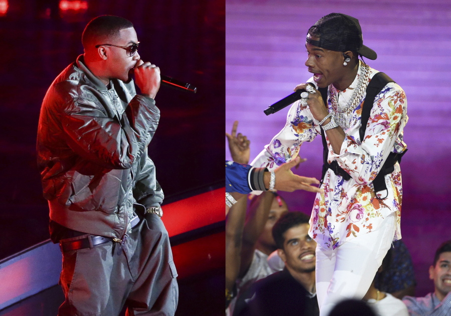 Hip Hop artist Nas performs before the NBA All-Star basketball game in New York on Feb. 15, 2015, left, and Lil Baby performs at the BET Awards in Los Angeles on June 23, 2019. Lil Baby has blazed the Billboard charts, but Grammy voters gave the young hip-hop star the cold shoulder in the best rap album category, instead, surprisingly nominating the genre&#039;s more matured voices like Nas.