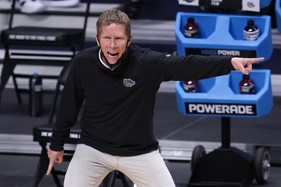 Gonzaga head coach Mark Few gestures against Creighton in the first half of a Sweet 16 game in the NCAA men&#039;s college basketball tournament at Hinkle Fieldhouse in Indianapolis, Sunday, March 28, 2021.