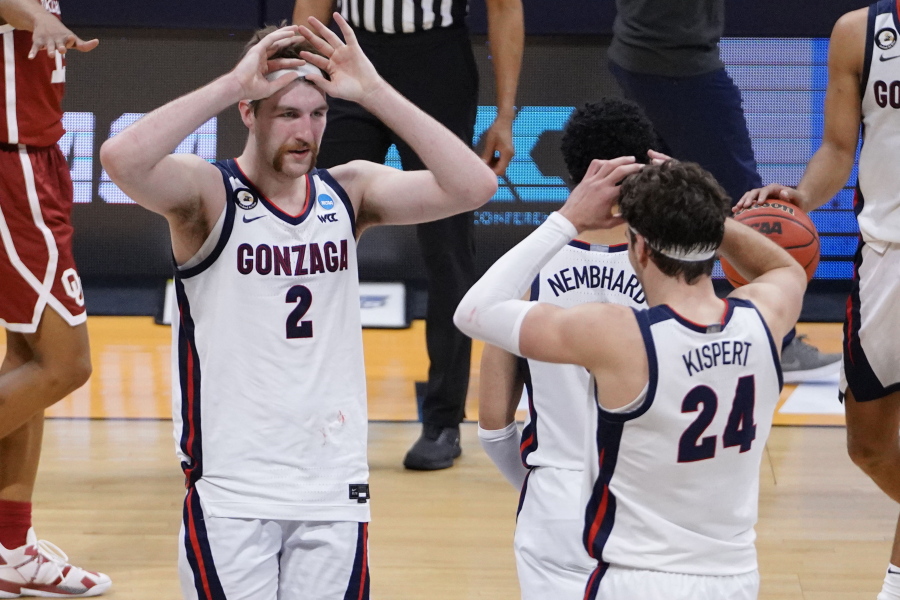 Gonzaga forward Drew Timme (2) celebrates with teammate Corey Kispert (24) after defeating Oklahoma in the second round of the NCAA college basketball tournament at Hinkle Fieldhouse in Indianapolis, Monday, March 22, 2021.