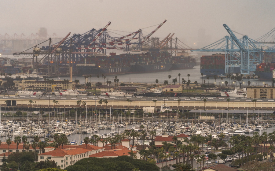 In this Wednesday, March 3, 2021 photo, container cargo ships are seen docked in the Port of Los Angeles.  A trade bottleneck born of the COVID-19 outbreak has U.S. businesses waiting for shipments from Asia -- while off the coast of California, dozens of container ships have been anchored, unable to unload their cargo.